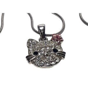 Hello Kitty Clear and Pink Rhinestone Pendant Necklace w 18" Silver-tone Chain